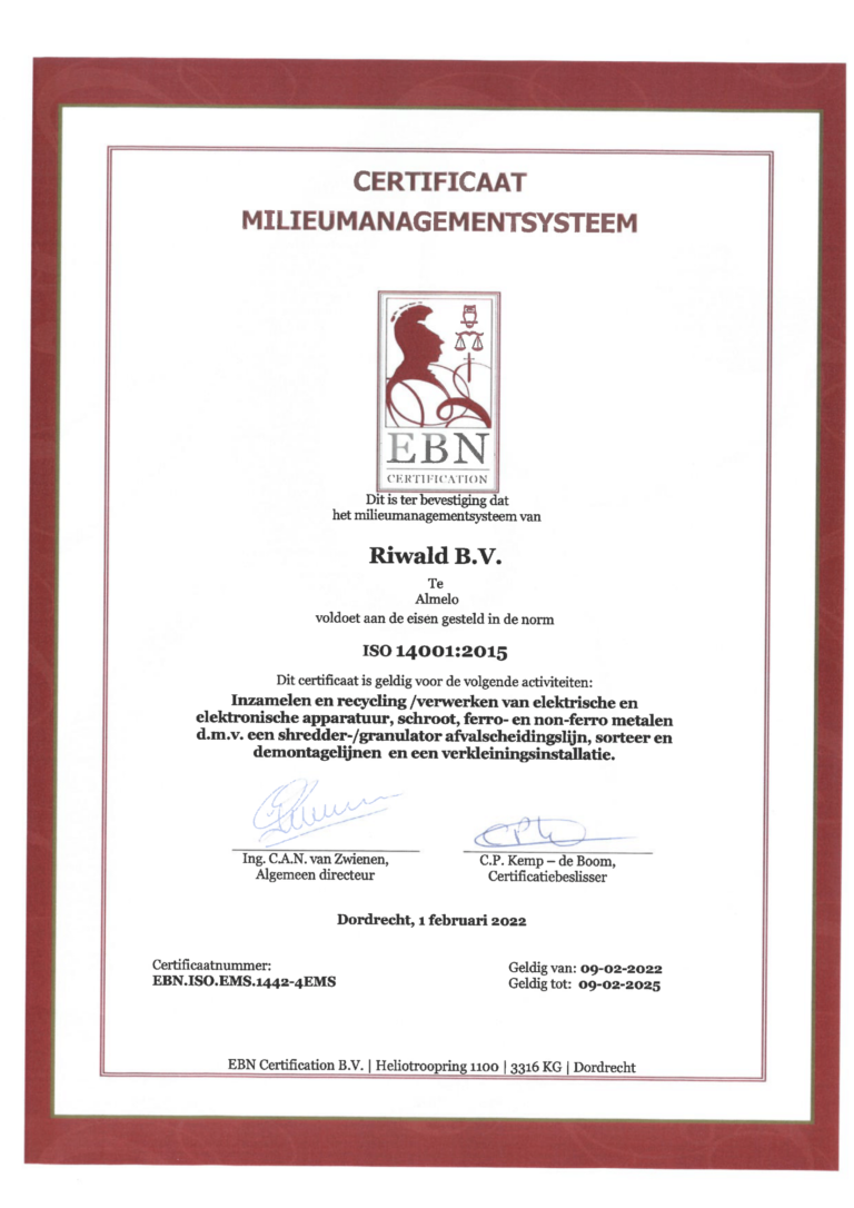 Riwald Recycling ISO 140001 Certificate Metal Recycling